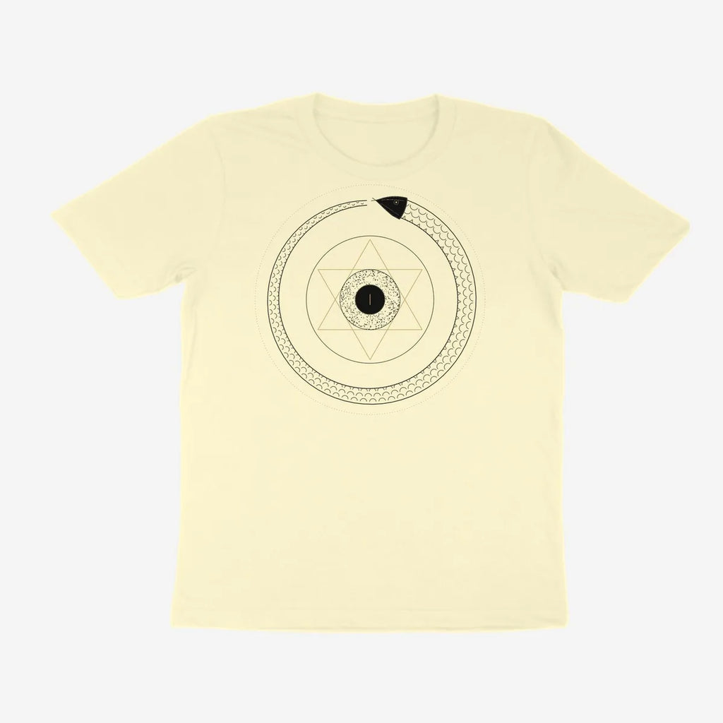 Oztra Ouroboros cream tee, front view showing the Ouroboros print