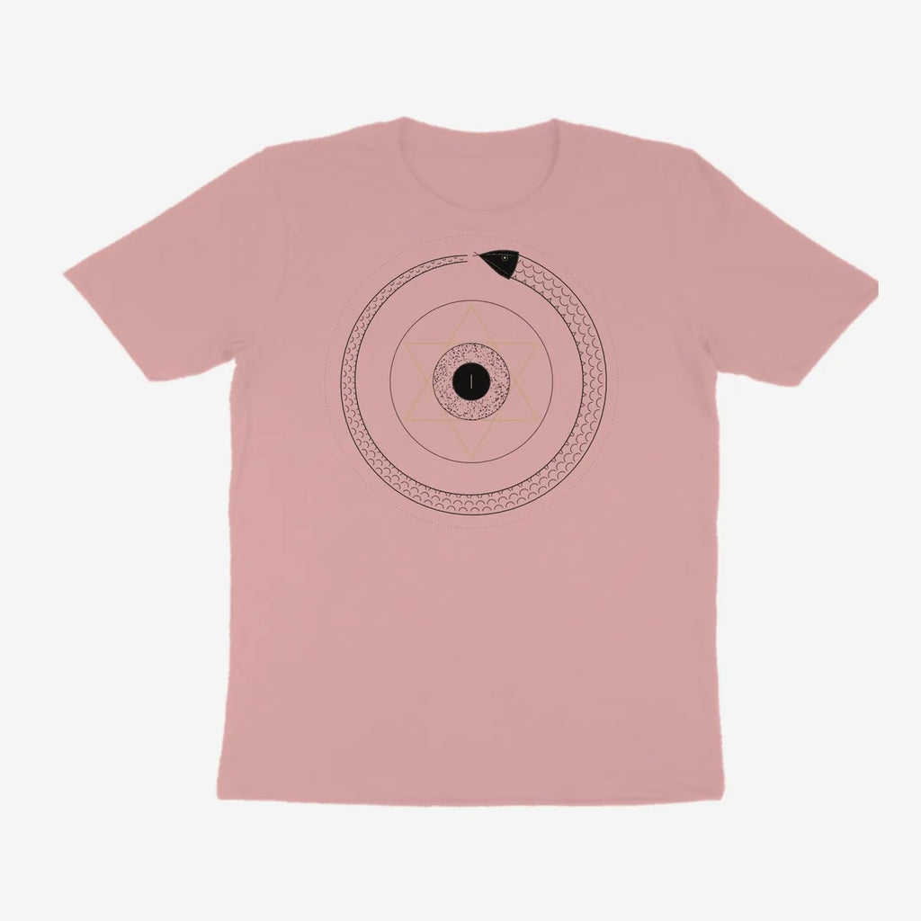 Oztra Ouroboros dusty pink tee, front view showing the Ouroboros print