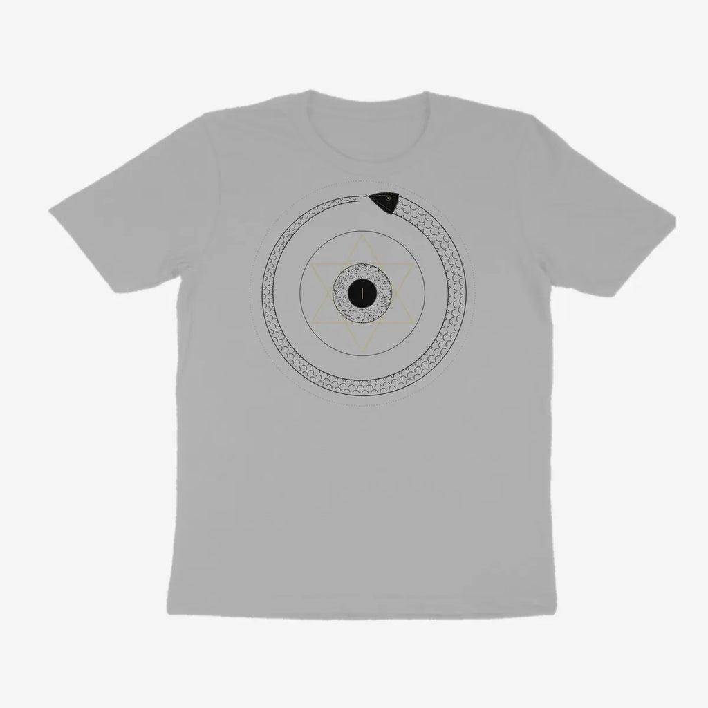 Oztra Ouroboros grey melange tee, front view showing the Ouroboros print