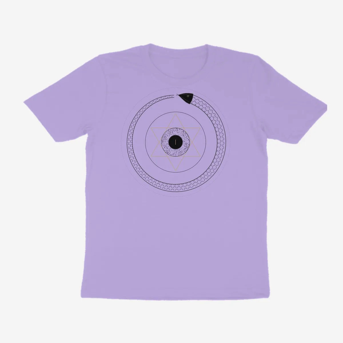 Oztra Ouroboros lavender tee, front view showing the Ouroboros print