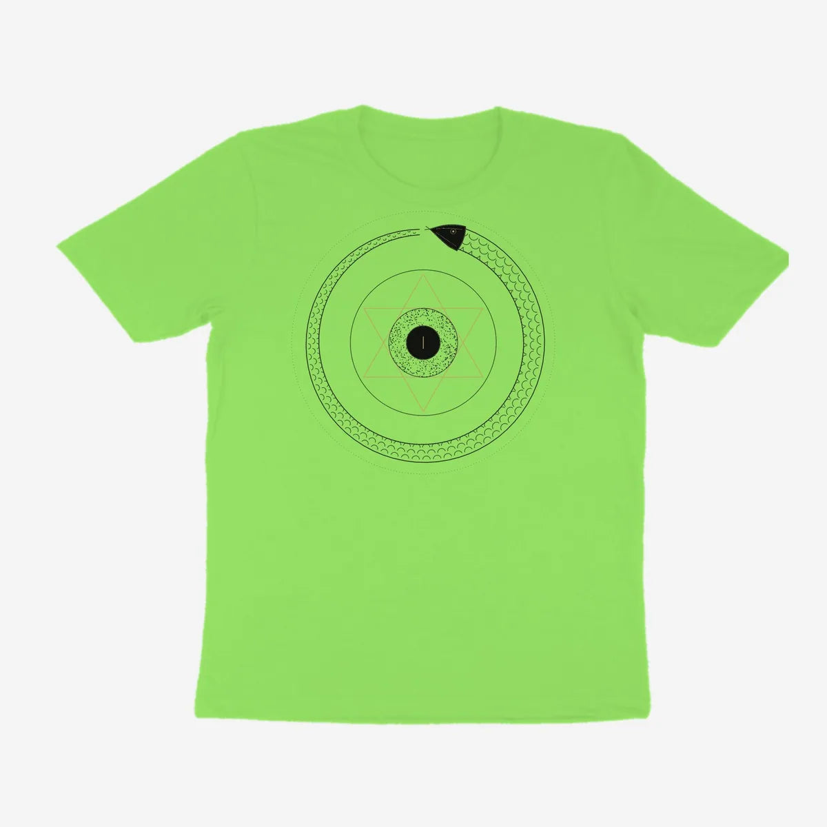 Oztra Ouroboros lime green tee, front view showing the Ouroboros print