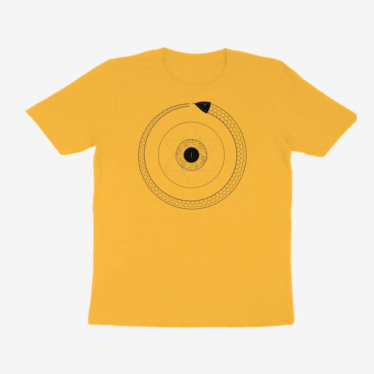 Oztra Ouroboros mustard tee, front view showing the Ouroboros print