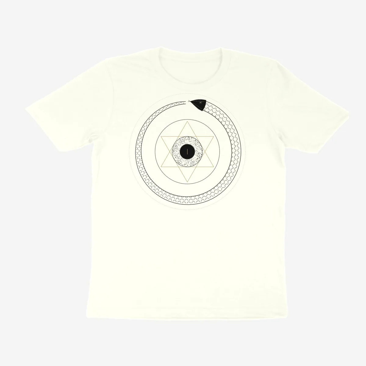Oztra Ouroboros off white tee, front view showing the Ouroboros print