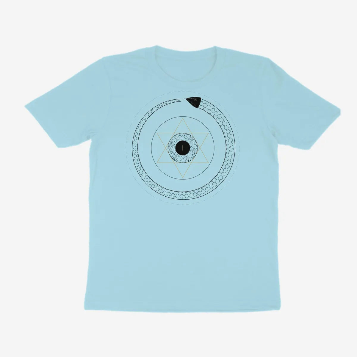 Oztra Ouroboros powder blue tee, front view showing the Ouroboros print