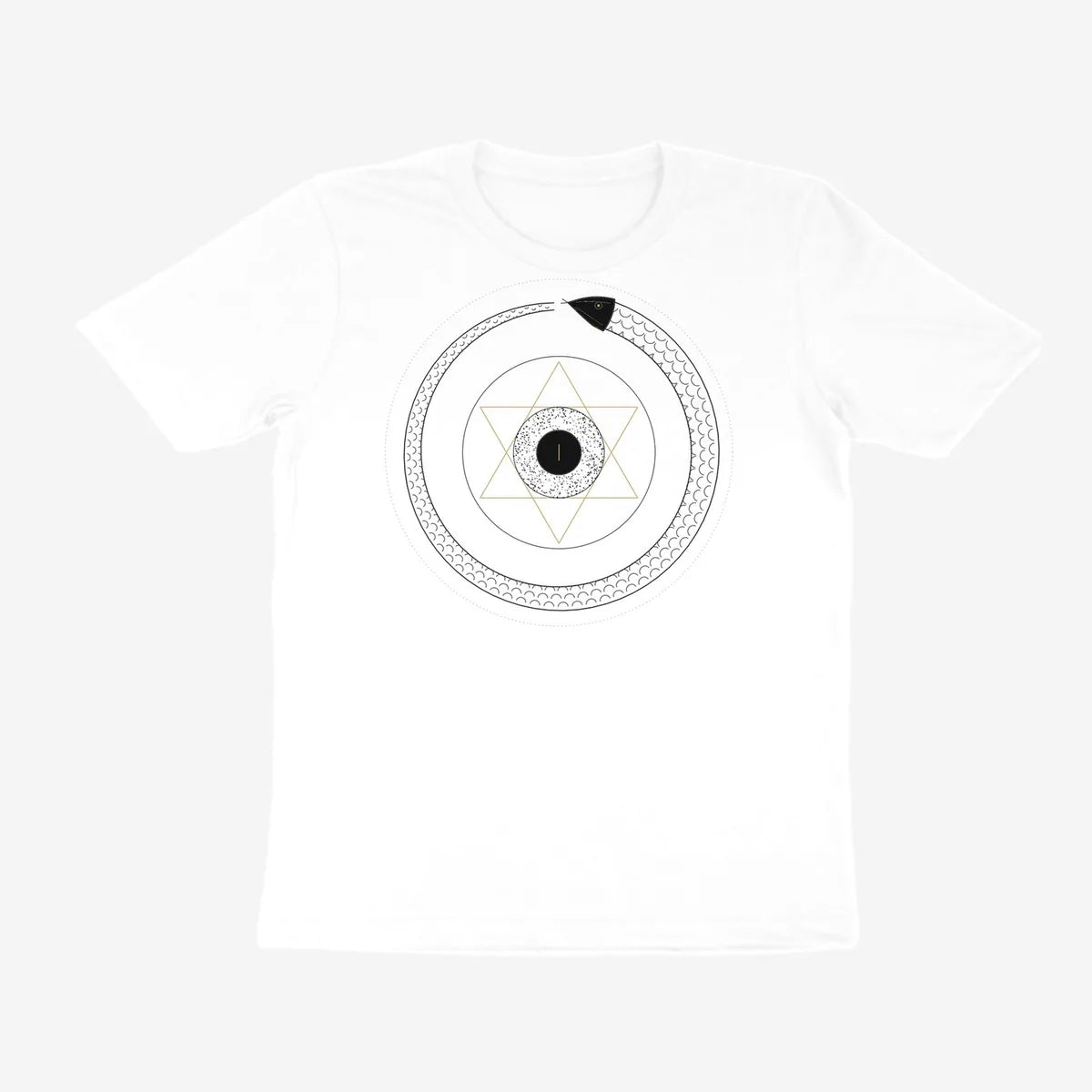 Oztra Ouroboros white tee, front view showing the Ouroboros print