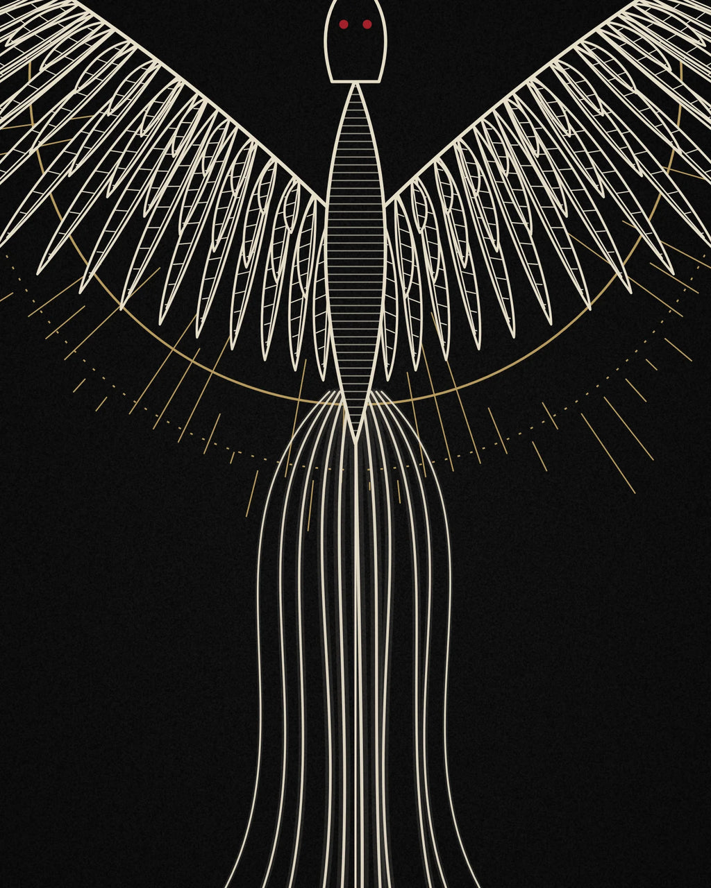 Close-up detail of the Oztra Rebirth linework showing bone feathers with crimson and gold embers