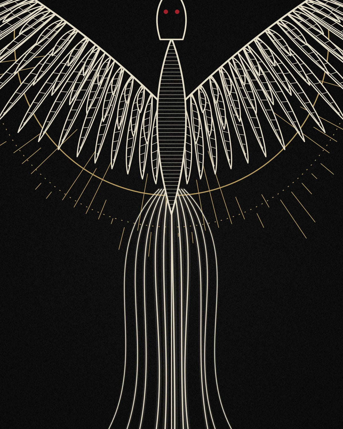 Close-up detail of the Oztra Rebirth linework showing bone feathers with crimson and gold embers