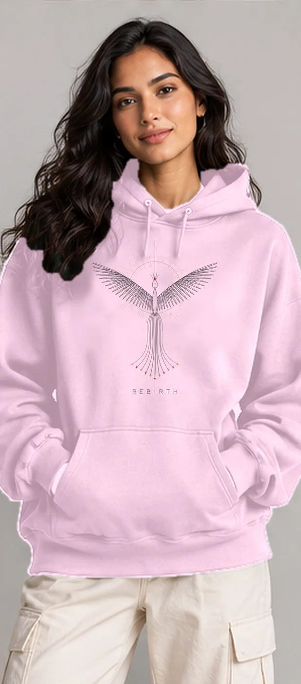 Model wearing the Oztra Rebirth hoodie in baby pink
