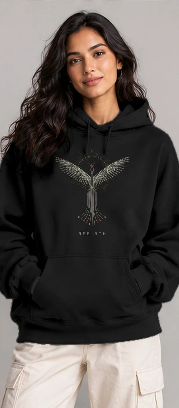 Model wearing the Oztra Rebirth hoodie in black