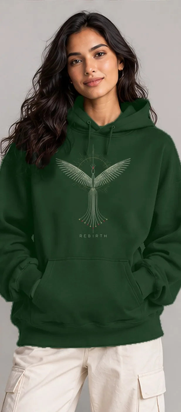Model wearing the Oztra Rebirth hoodie in bottle green