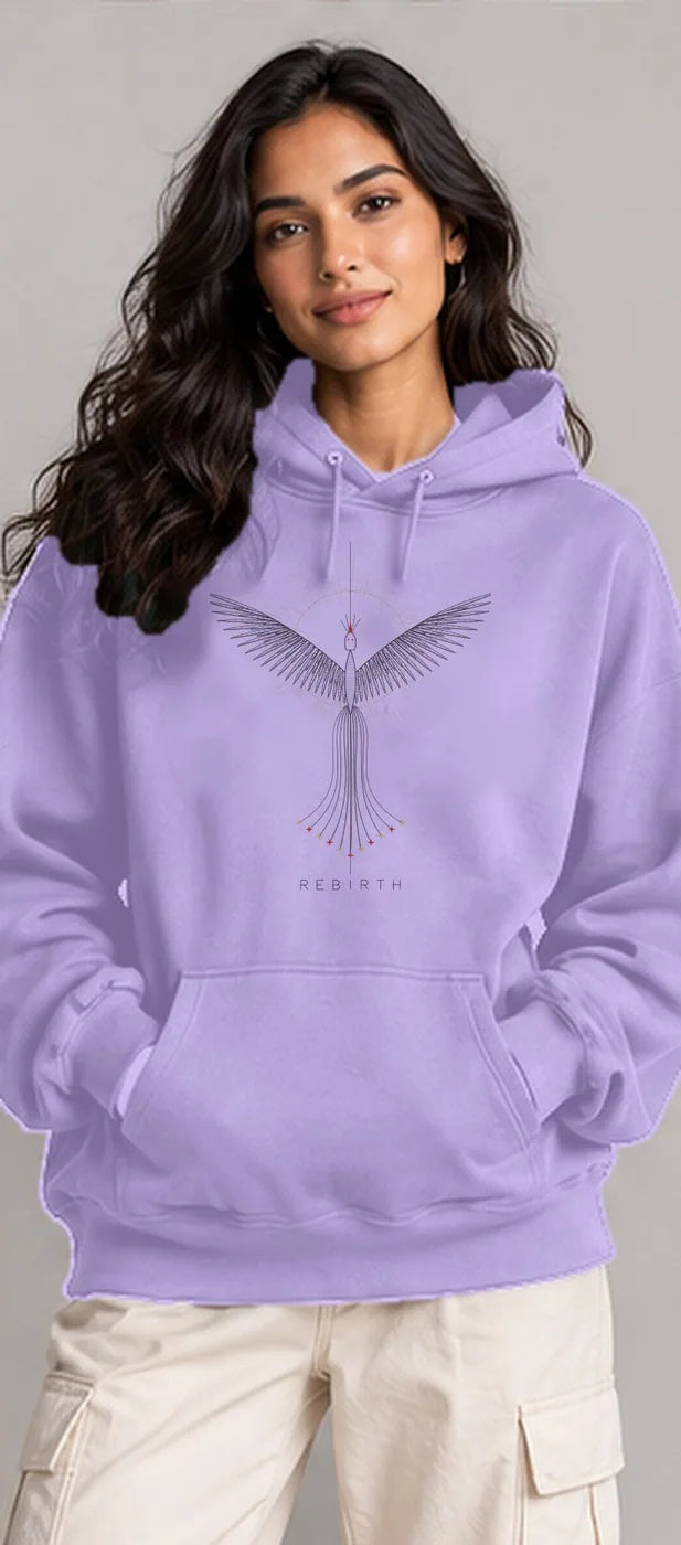 Model wearing the Oztra Rebirth hoodie in lavender