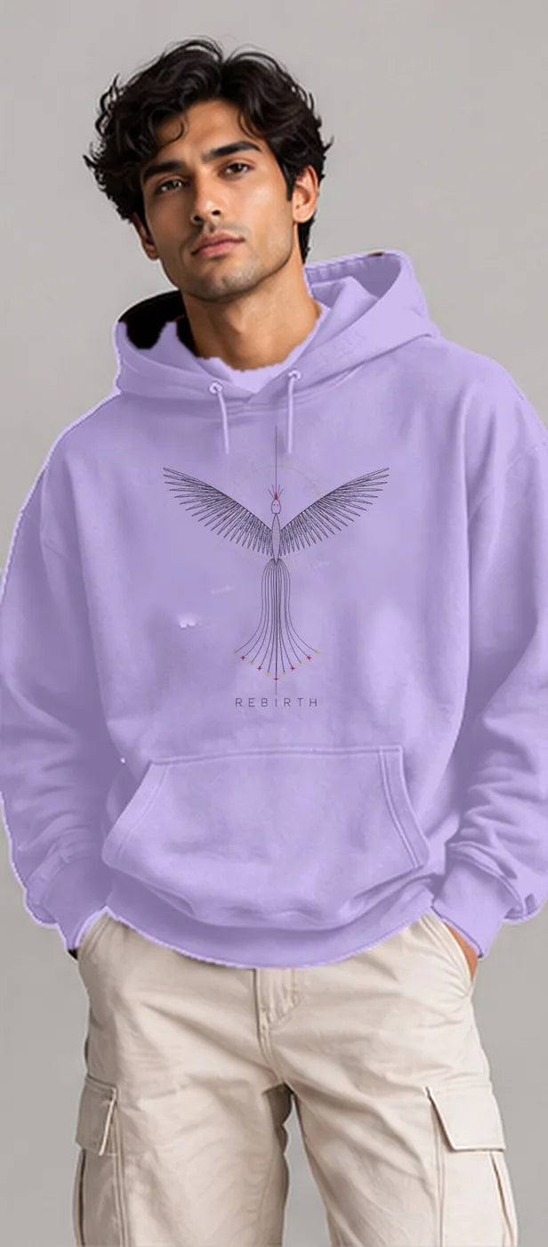 Model wearing the Oztra Rebirth hoodie in lavender