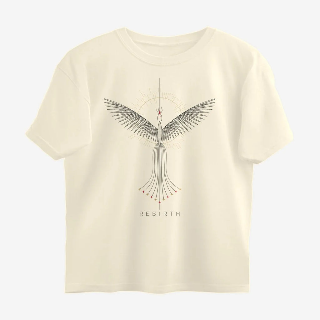 Oztra Rebirth beige oversized tee, front view showing the Rebirth print
