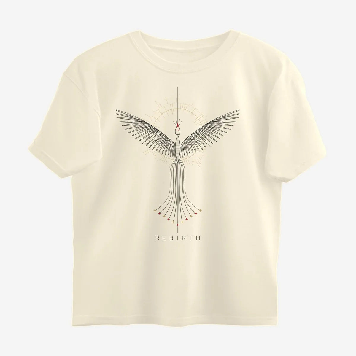 Oztra Rebirth beige oversized tee, front view showing the Rebirth print