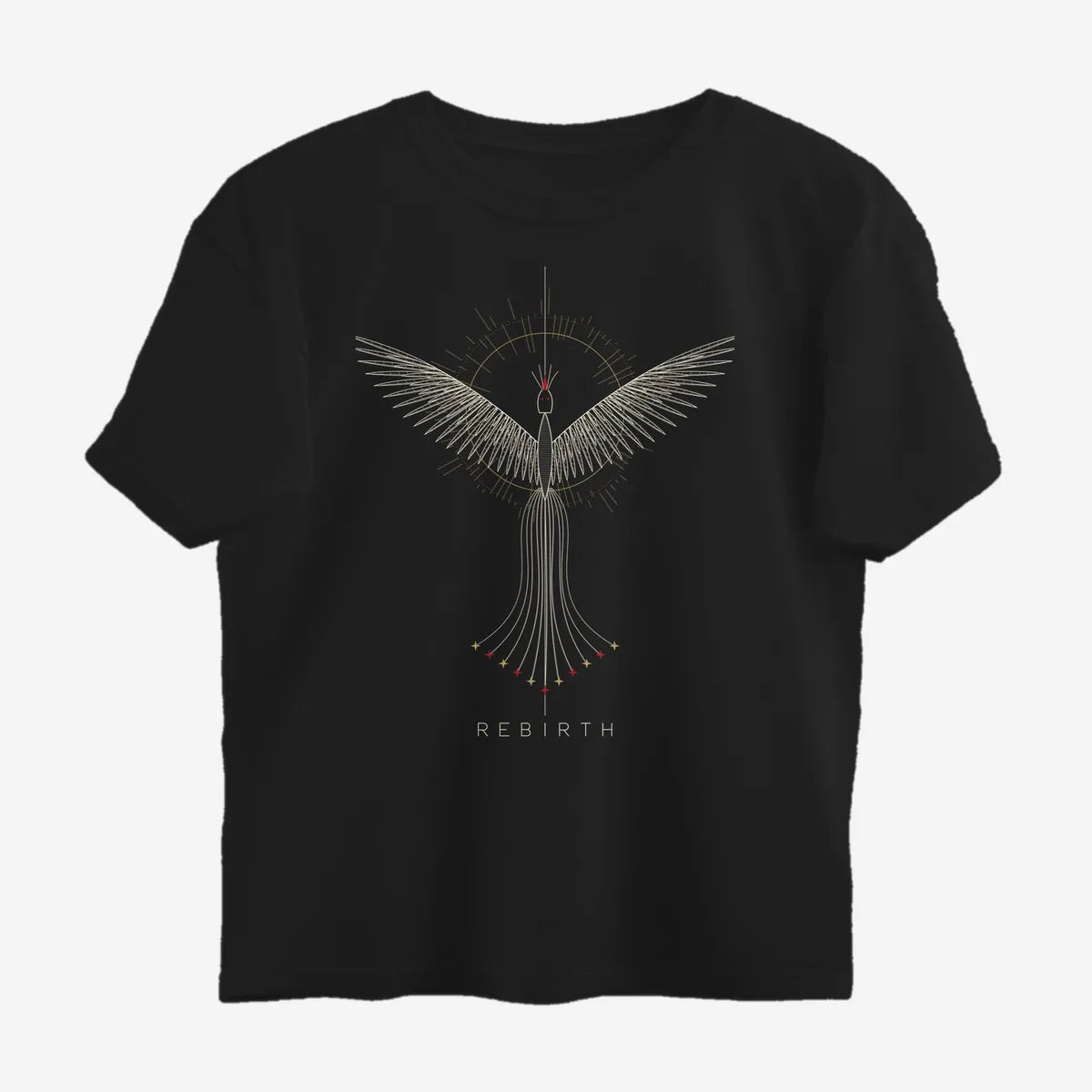 Oztra Rebirth black oversized tee, front view showing the Rebirth print