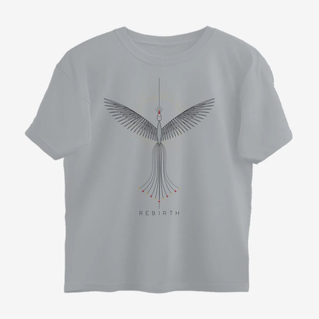 Oztra Rebirth grey melange oversized tee, front view showing the Rebirth print