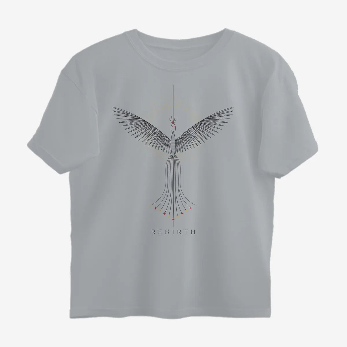Oztra Rebirth grey melange oversized tee, front view showing the Rebirth print