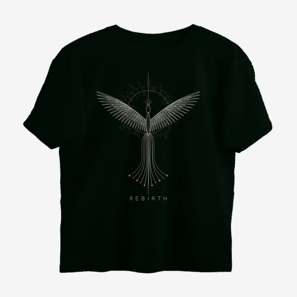 Oztra Rebirth jet black oversized tee, front view showing the Rebirth print
