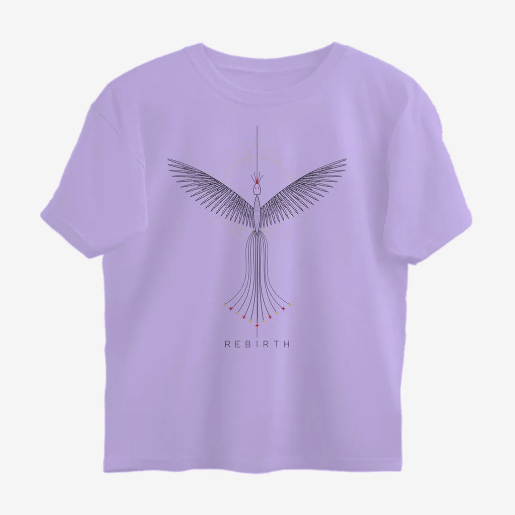 Oztra Rebirth lavender oversized tee, front view showing the Rebirth print