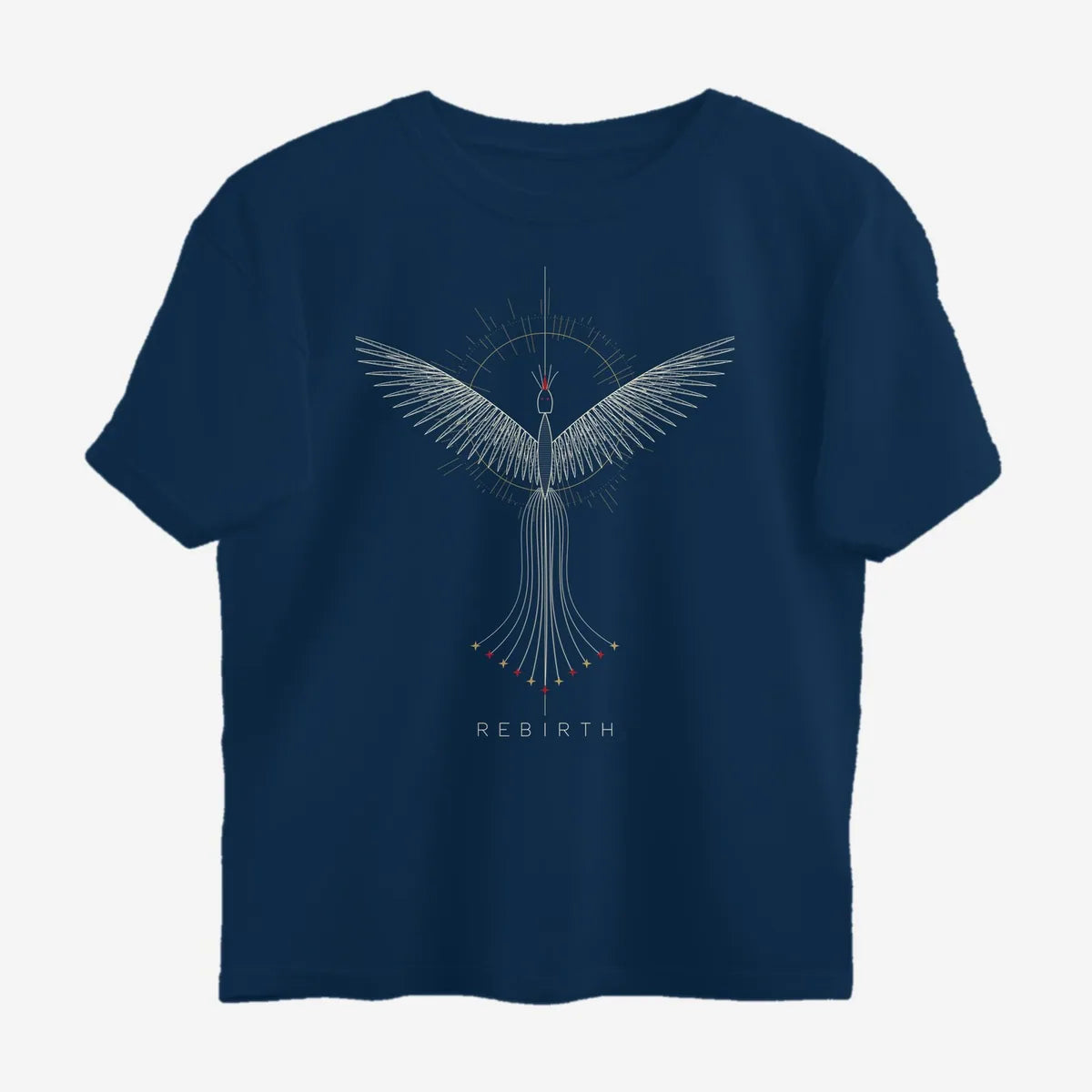 Oztra Rebirth navy oversized tee, front view showing the Rebirth print