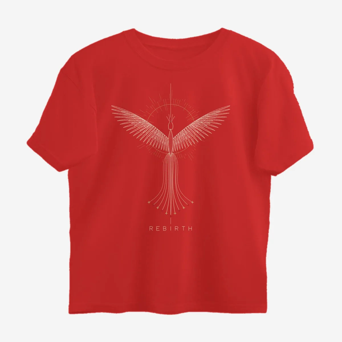 Oztra Rebirth red oversized tee, front view showing the Rebirth print