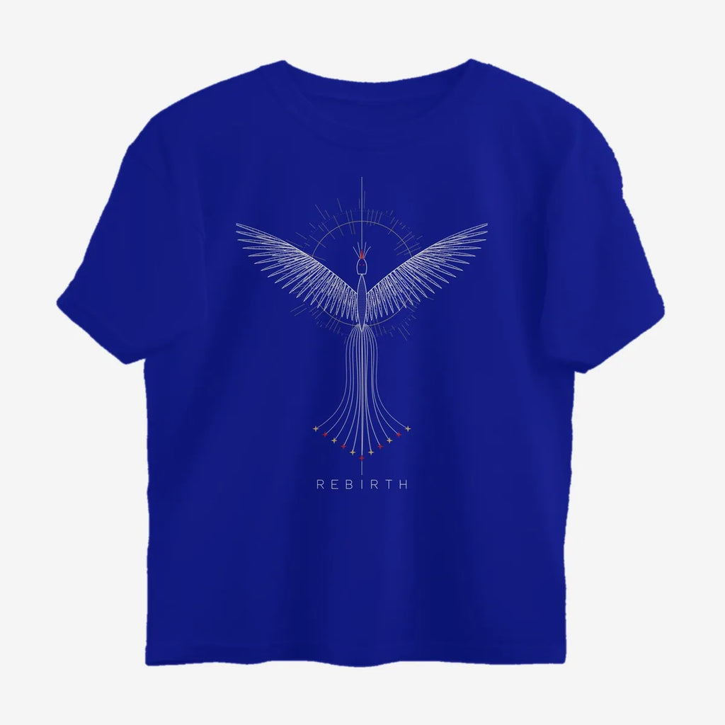 Oztra Rebirth royal blue oversized tee, front view showing the Rebirth print
