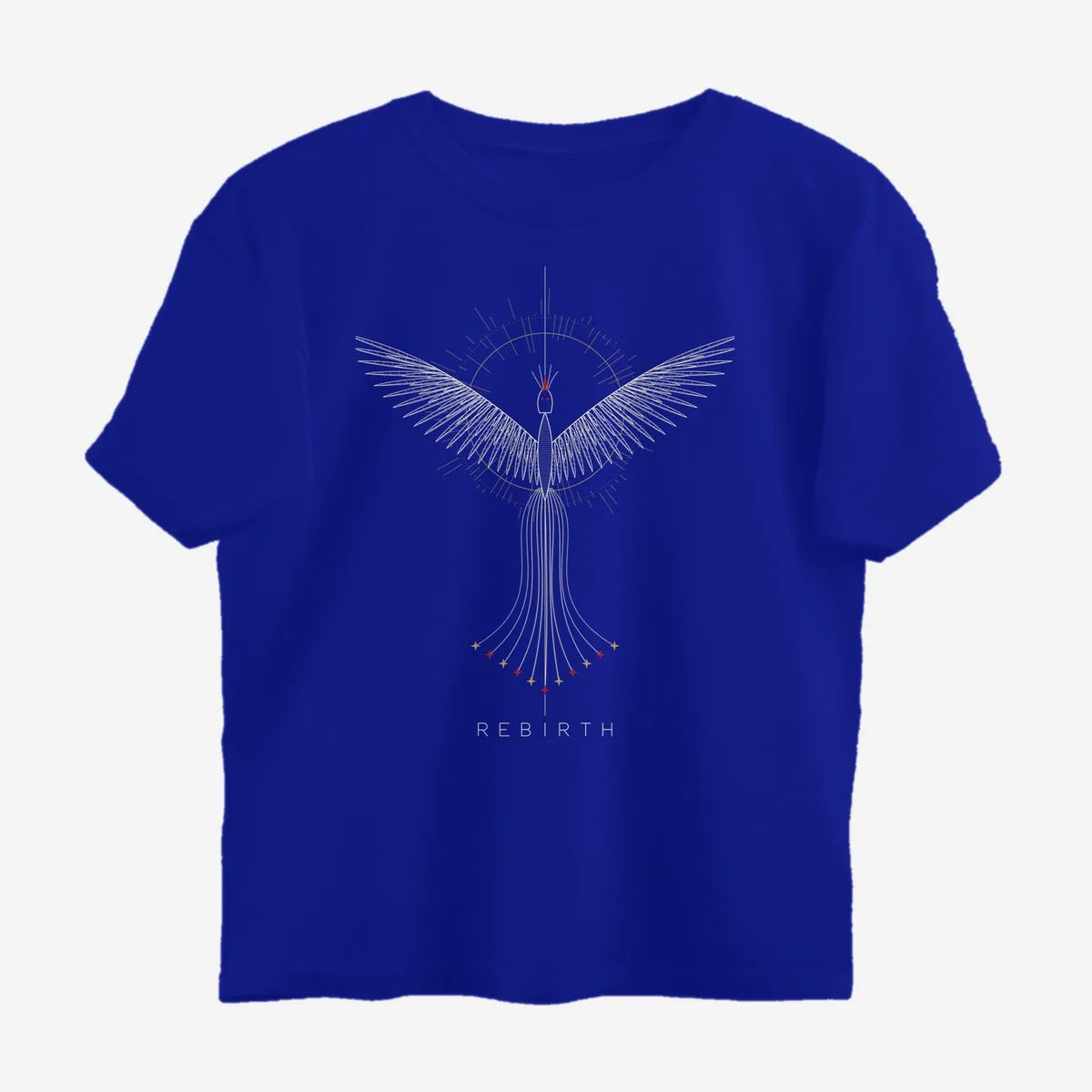 Oztra Rebirth royal blue oversized tee, front view showing the Rebirth print