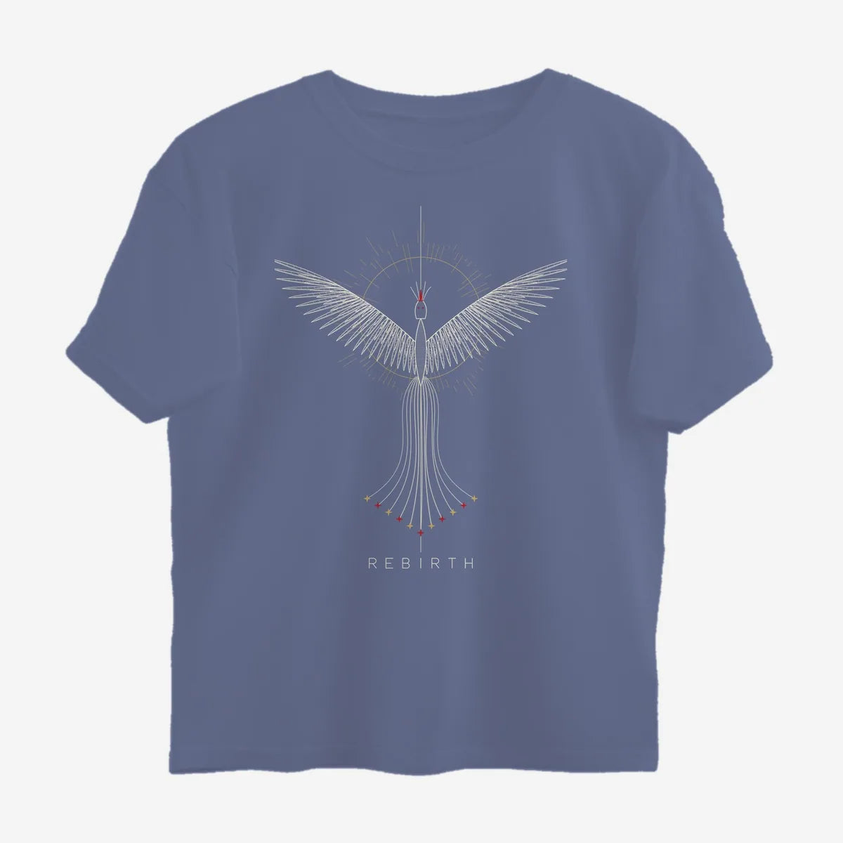 Oztra Rebirth steel blue oversized tee, front view showing the Rebirth print