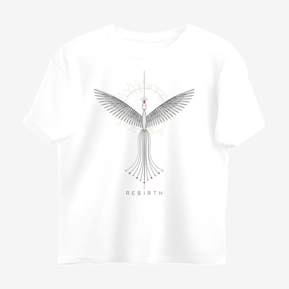 Oztra Rebirth white oversized tee, front view showing the Rebirth print