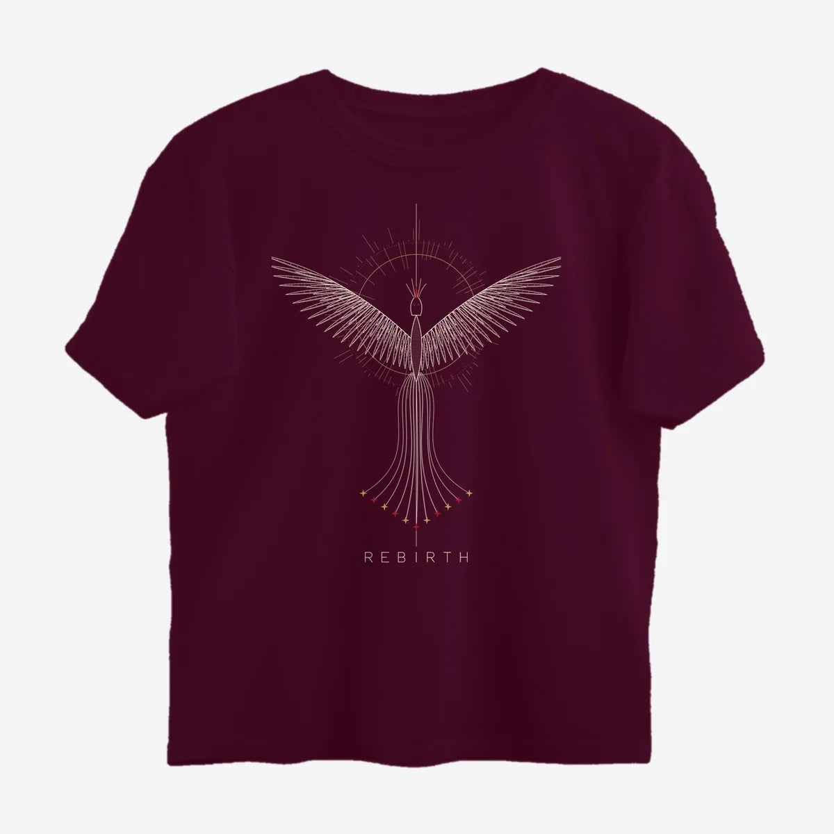 Oztra Rebirth wine oversized tee, front view showing the Rebirth print