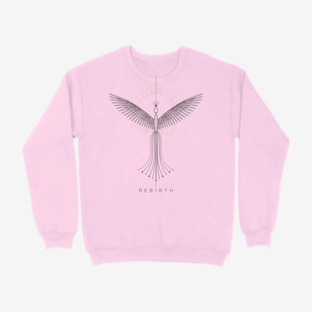 Oztra Rebirth baby pink sweatshirt, front view showing the Rebirth print