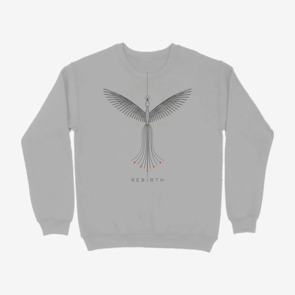 Oztra Rebirth grey melange sweatshirt, front view showing the Rebirth print