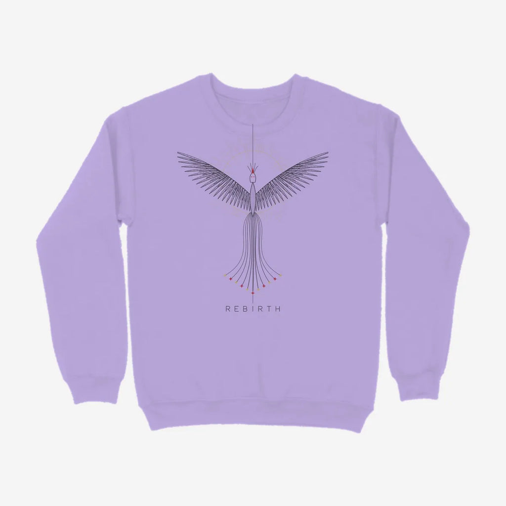 Oztra Rebirth lavender sweatshirt, front view showing the Rebirth print