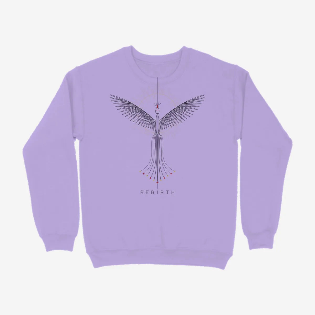 Oztra Rebirth lavender sweatshirt, front view showing the Rebirth print