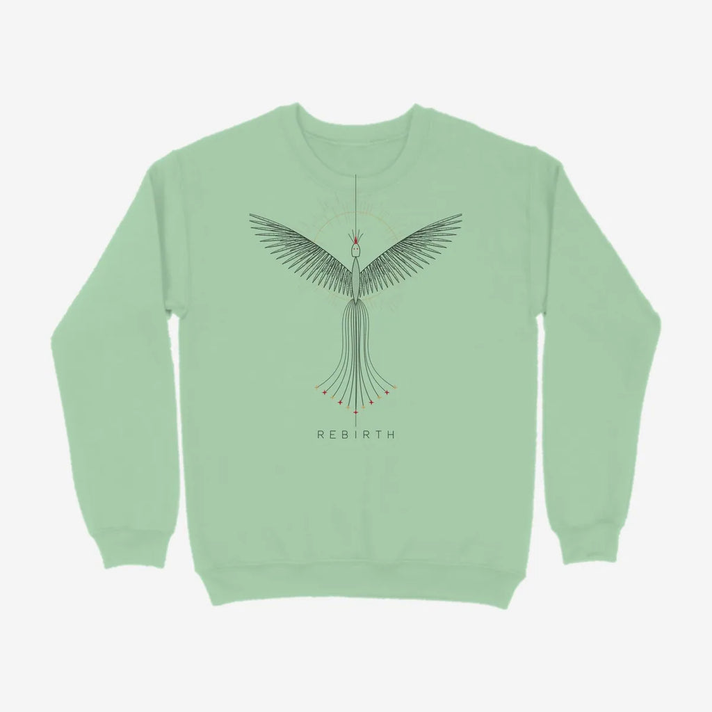 Oztra Rebirth mint sweatshirt, front view showing the Rebirth print