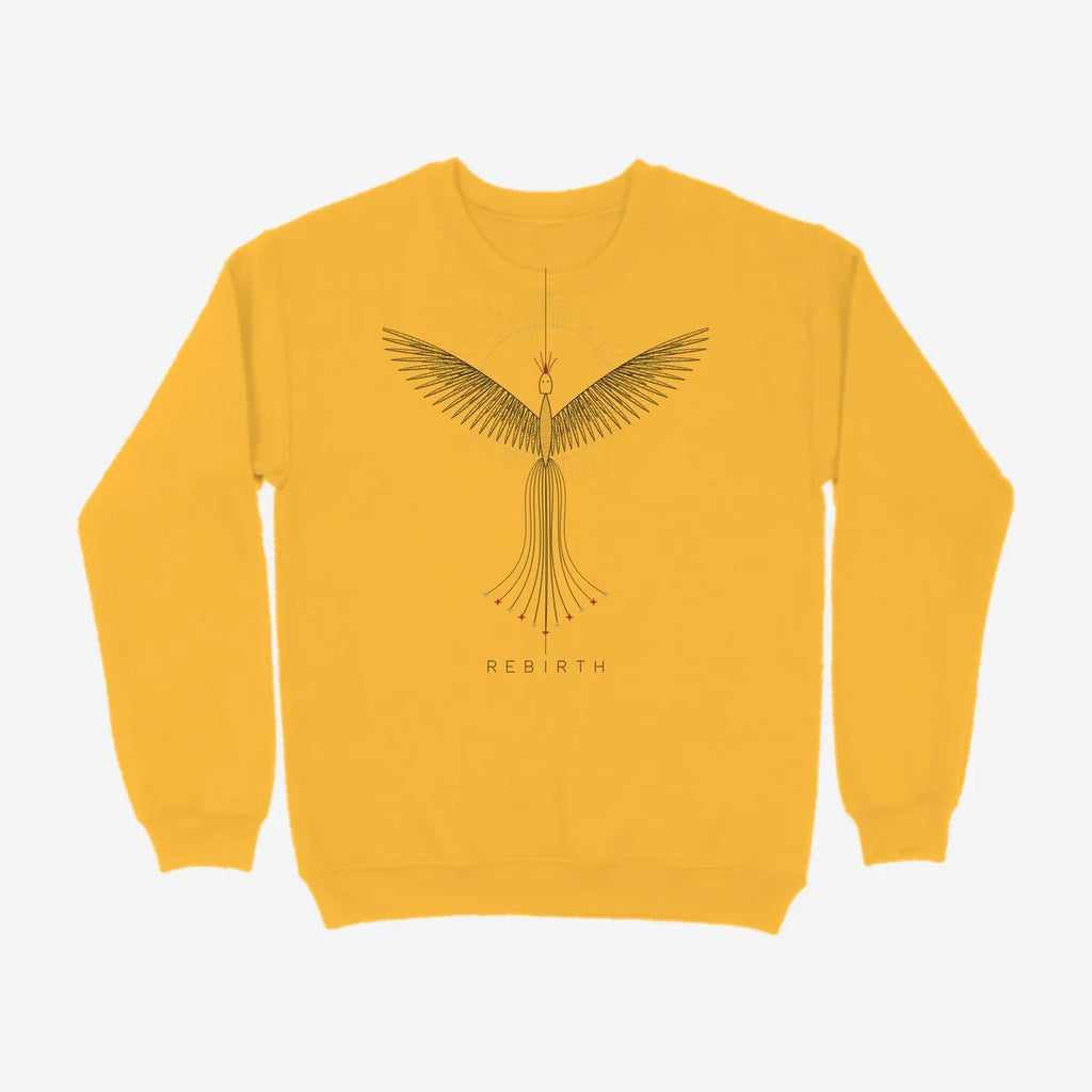 Oztra Rebirth mustard sweatshirt, front view showing the Rebirth print