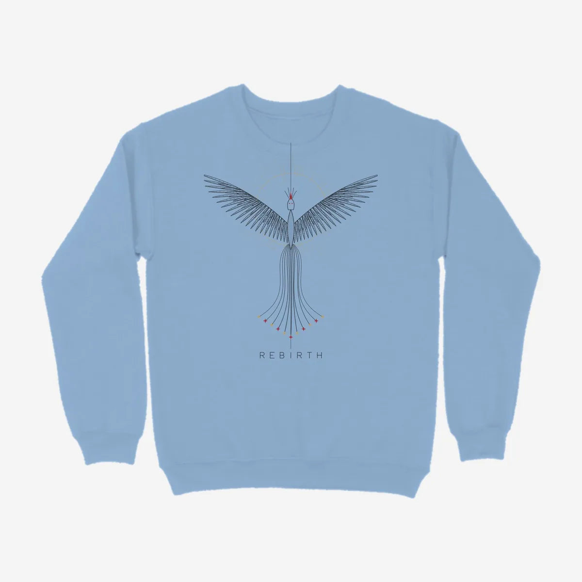 Oztra Rebirth sky blue sweatshirt, front view showing the Rebirth print
