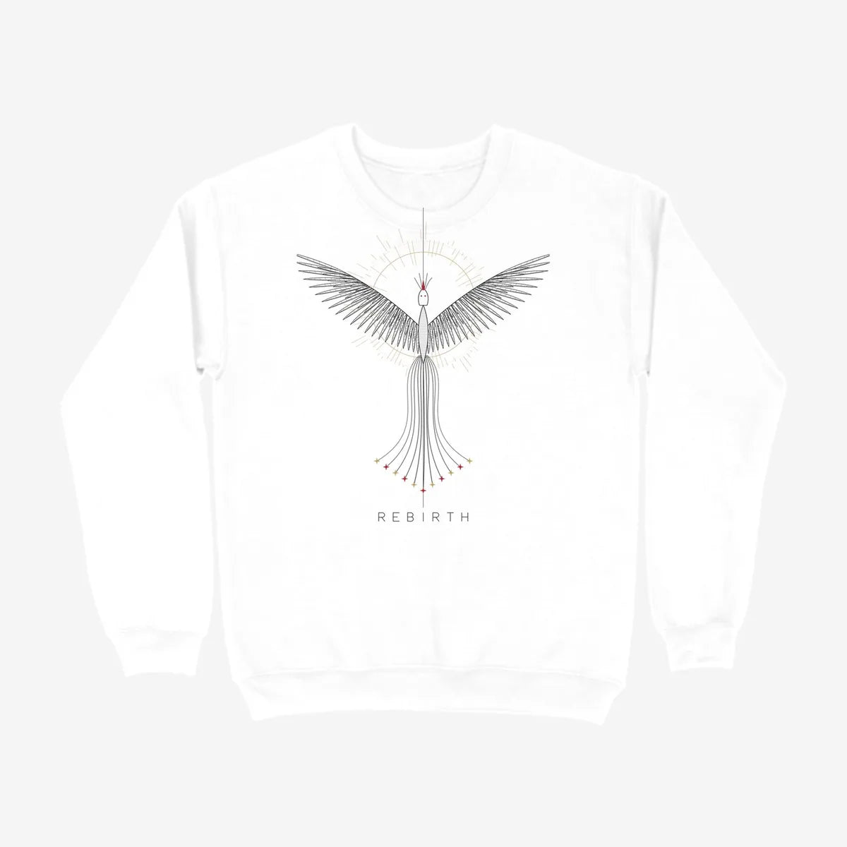 Oztra Rebirth white sweatshirt, front view showing the Rebirth print