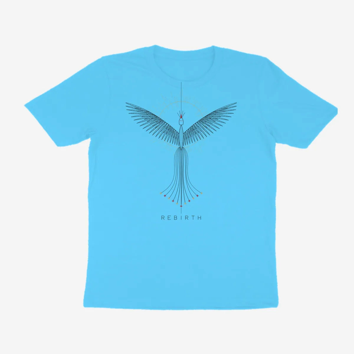Oztra Rebirth aqua blue tee, front view showing the Rebirth print