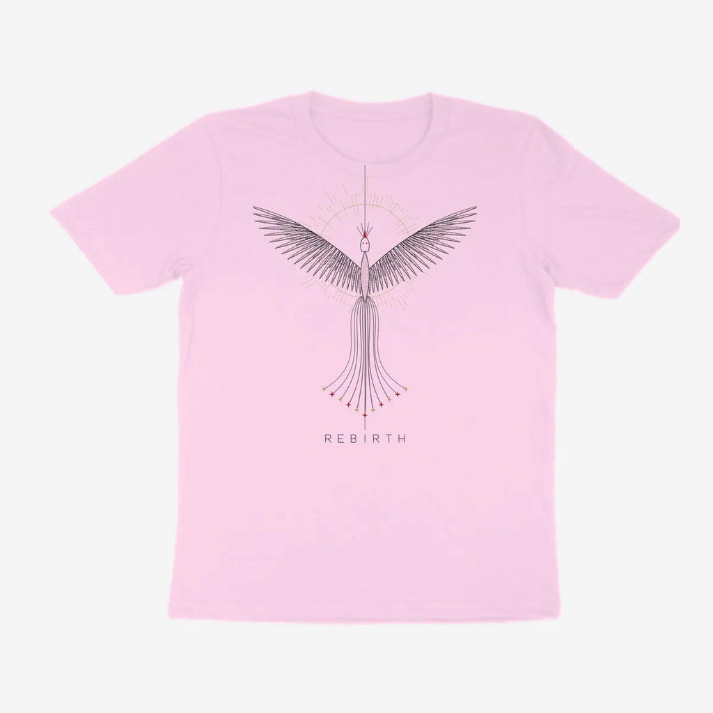 Oztra Rebirth baby pink tee, front view showing the Rebirth print
