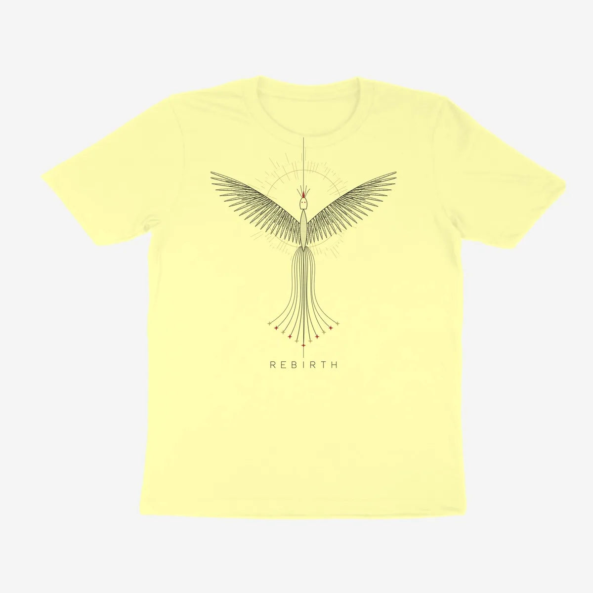 Oztra Rebirth butter yellow tee, front view showing the Rebirth print