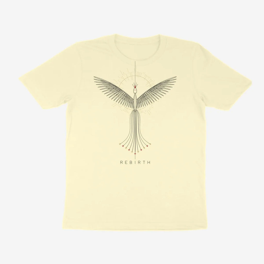 Oztra Rebirth cream tee, front view showing the Rebirth print