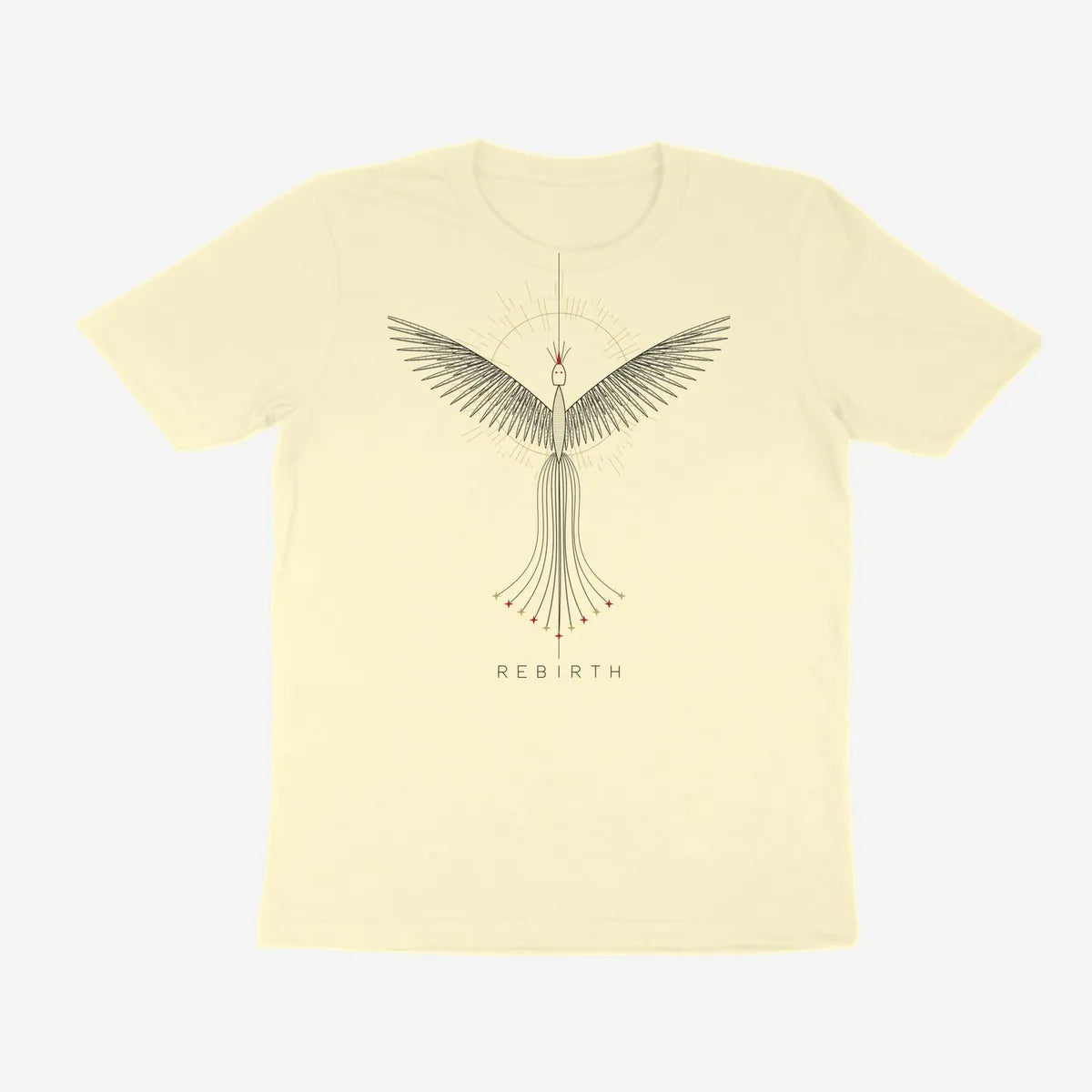 Oztra Rebirth cream tee, front view showing the Rebirth print