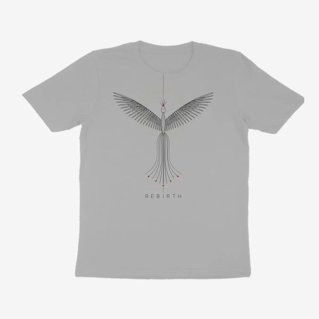 Oztra Rebirth grey melange tee, front view showing the Rebirth print