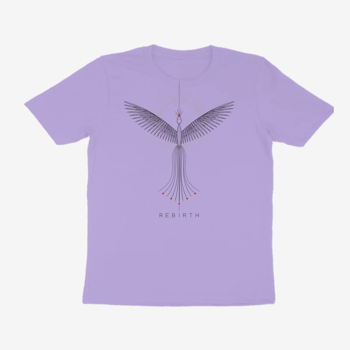 Oztra Rebirth lavender tee, front view showing the Rebirth print