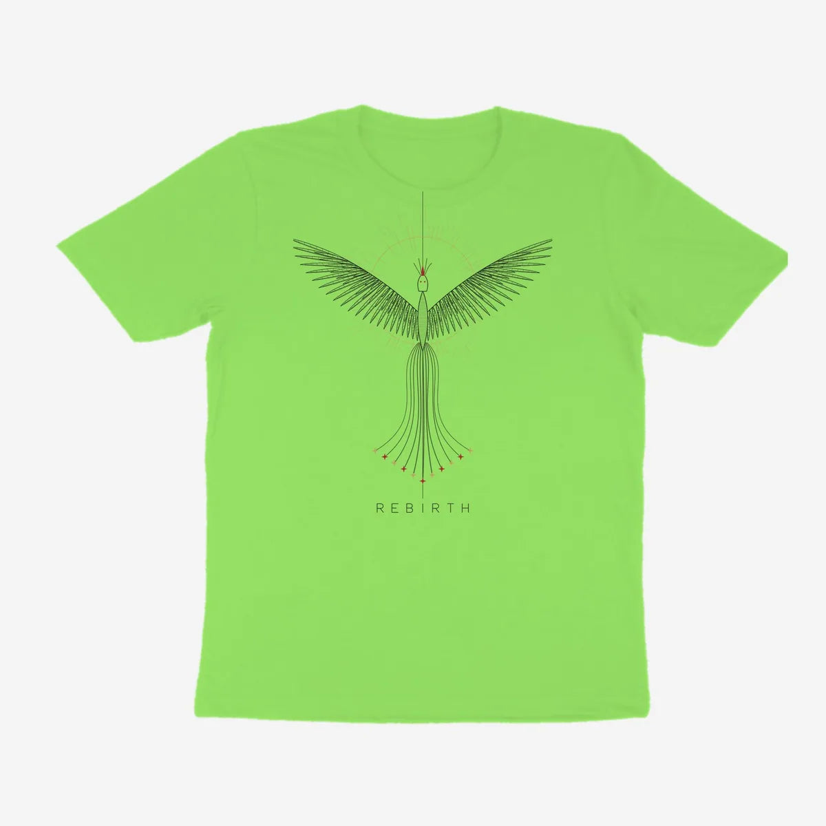 Oztra Rebirth lime green tee, front view showing the Rebirth print