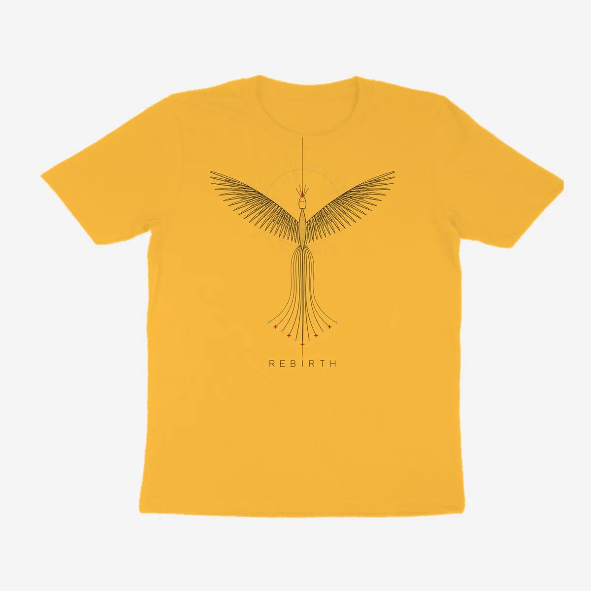 Oztra Rebirth mustard tee, front view showing the Rebirth print