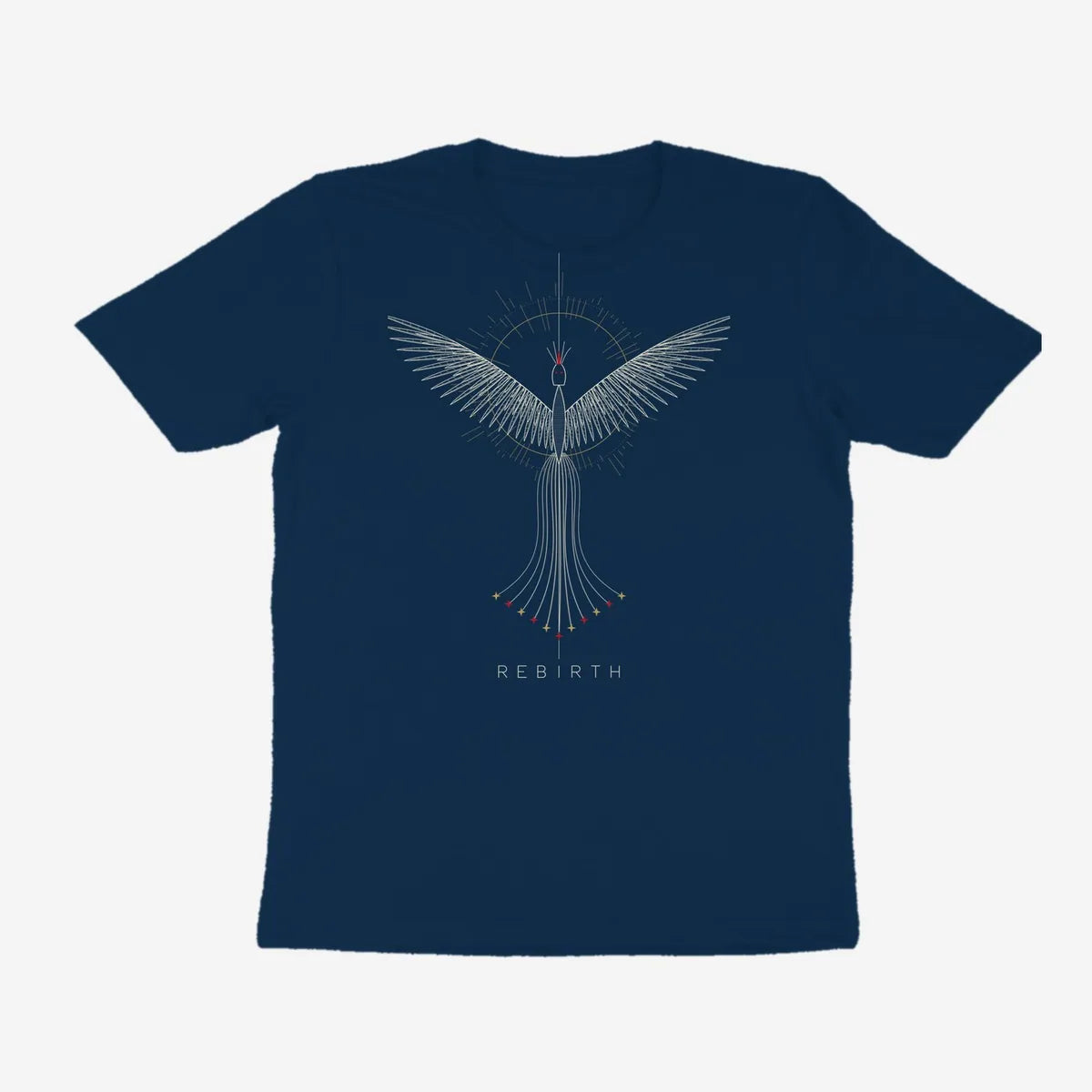 Oztra Rebirth navy tee, front view showing the Rebirth print