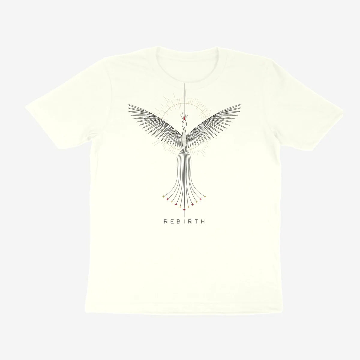 Oztra Rebirth off white tee, front view showing the Rebirth print