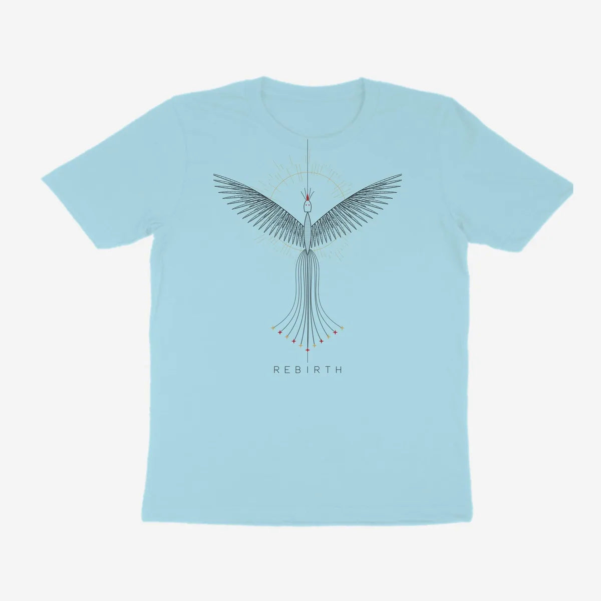 Oztra Rebirth powder blue tee, front view showing the Rebirth print